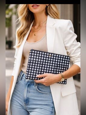 Tory Burch Large Gingham Zip Clutch NWOT